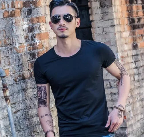 Men's polyester summer T-shirt on a hanger, available in multiple colours.