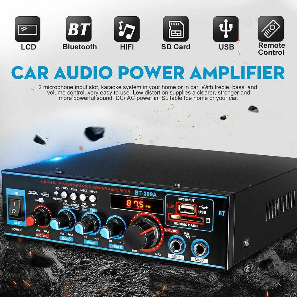 BT-309A-A black dual-power amplifier with Bluetooth and FM for home car audio