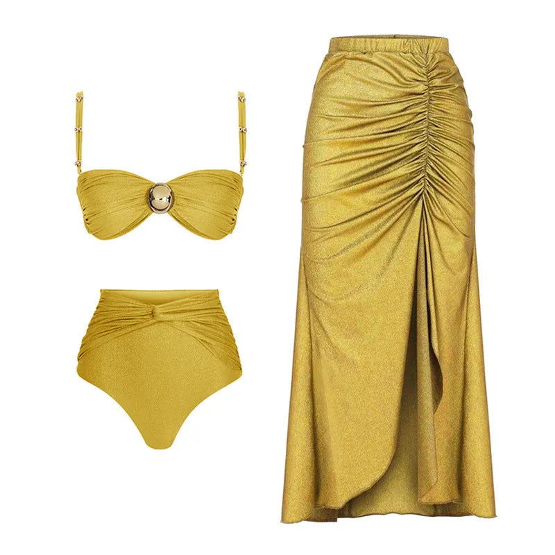 Yellow and green women's high waist two-piece bikini swimsuit on a mannequin.