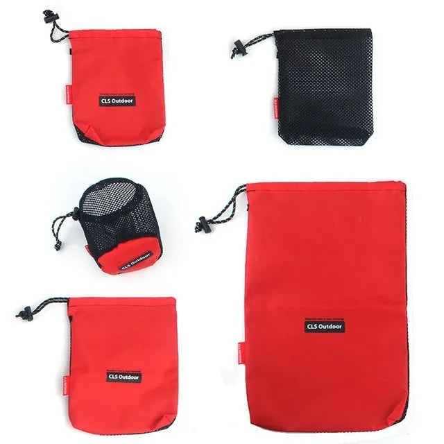 Red five-piece outdoor travel toiletry bag set with zippers and mesh panels