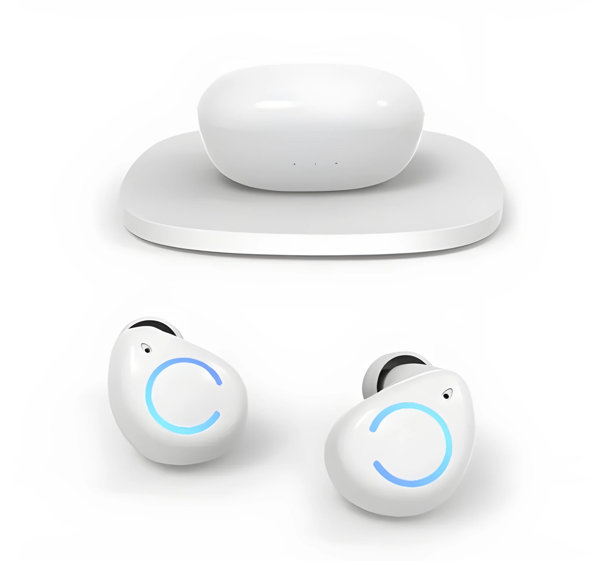 Black and white true wireless in-ear Bluetooth headset with charging case on a plain background.