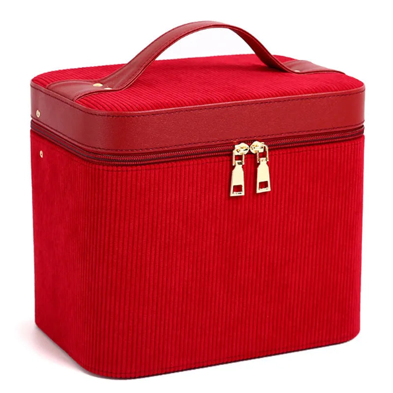 Corduroy cosmetic storage case in a choice of colours, showing large capacity interior with lining.