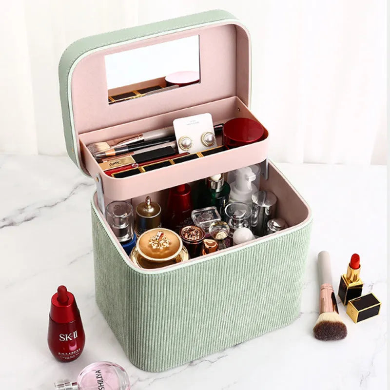 Corduroy cosmetic storage case in a choice of colours, showing large capacity interior with lining.
