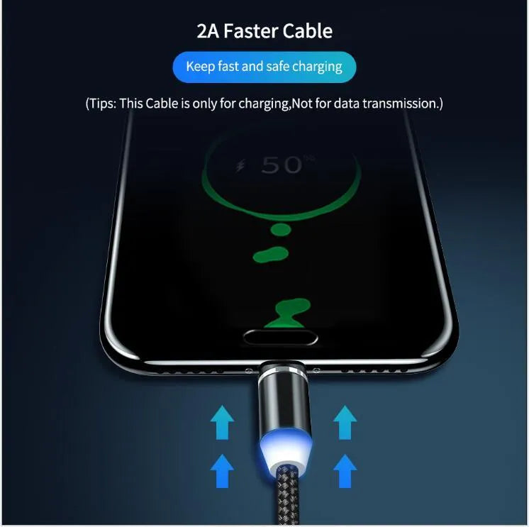Black magnetic LED charging cable with cotton braiding and aluminium connector showing LED light