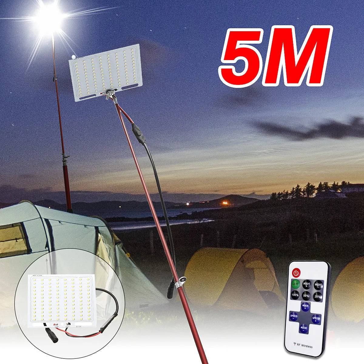 White LED fishing rod light with remote control on telescopic pole for night fishing and camping