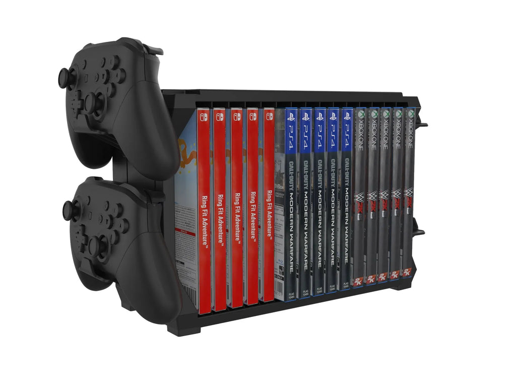 Black plastic PS5 and Xbox Series X game disc holder with space for four controllers.