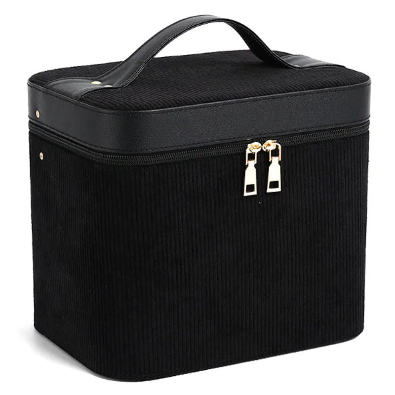 Corduroy cosmetic storage case in a choice of colours, showing large capacity interior with lining.