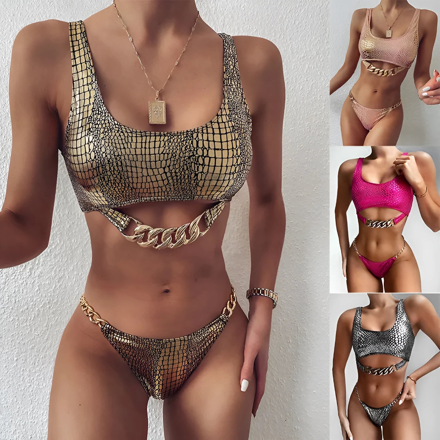 Bronzing fabric ladies split swimwear with chest pad in Gold, Pink, Rose Red, Silver colour options