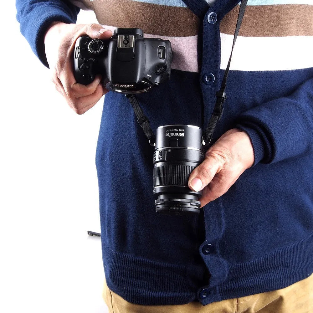 Aluminium camera lens flipper holder for Nikon F-mount with stainless steel buckle and cotton shoulder strap