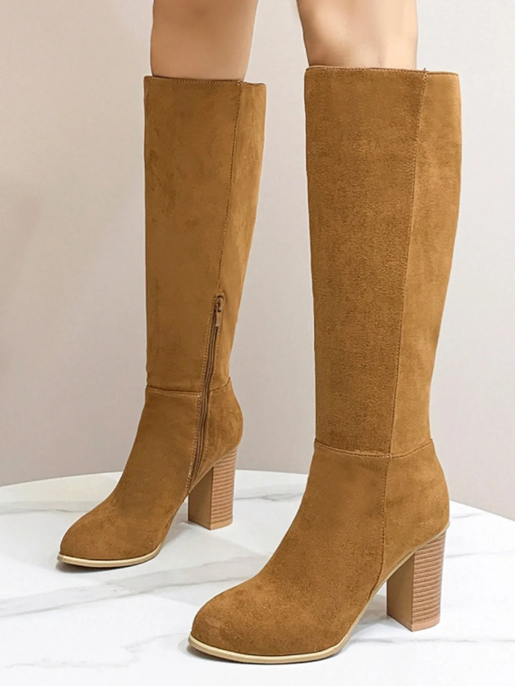 Women's square toe high heel fashion boots in black and dark brown colours