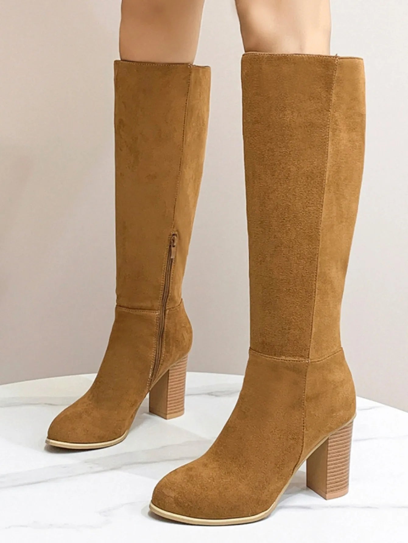 Women's square toe high heel fashion boots in black and dark brown colours