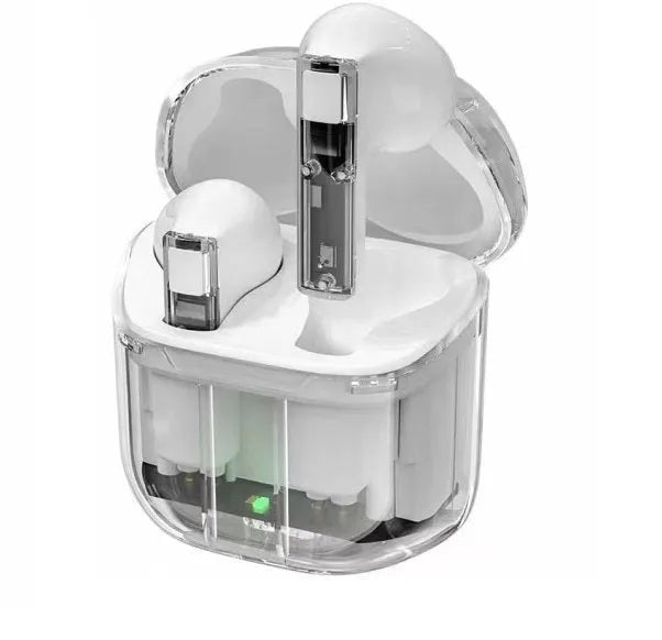 Transparent plastic true wireless Bluetooth headphones showing internal components with digital display charging case
