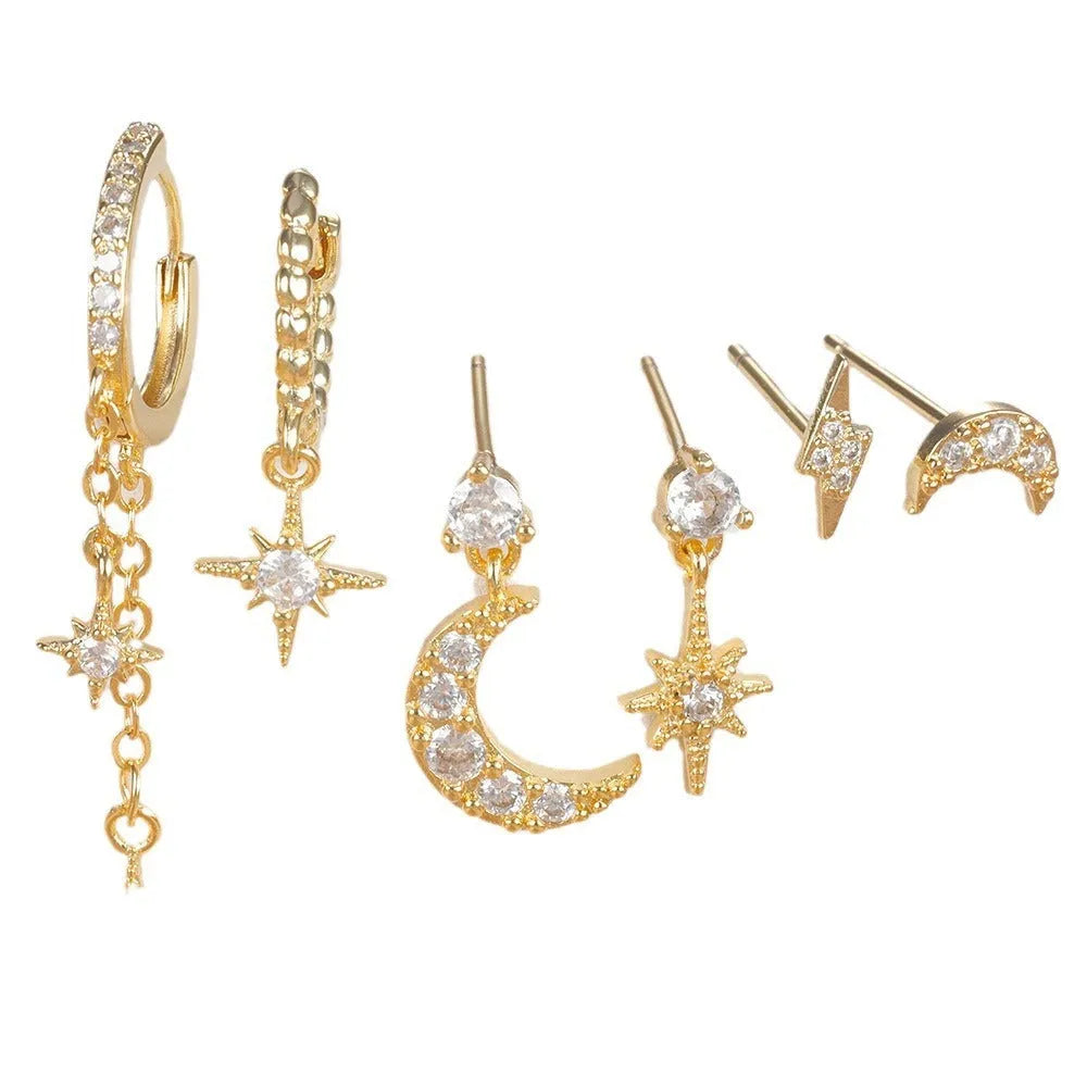 Gold chain tassel earrings set with zircon studs, six pieces electroplated on copper
