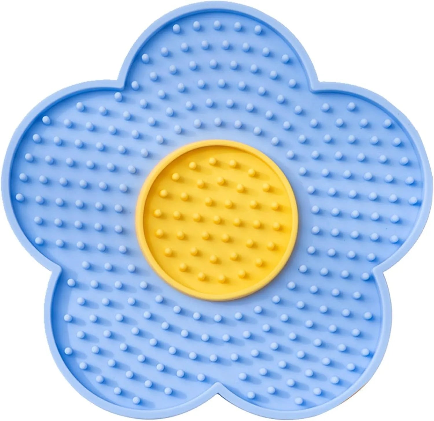 Flower-shaped silicone pet lick pad with suction cup base in assorted colours.