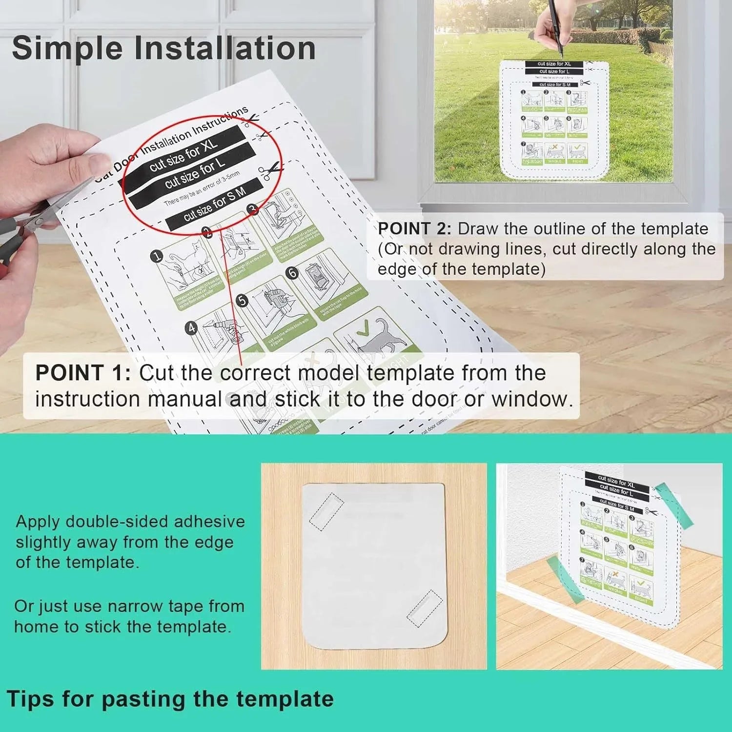 White plastic thin cat door for window with lock modes and weatherproof flap