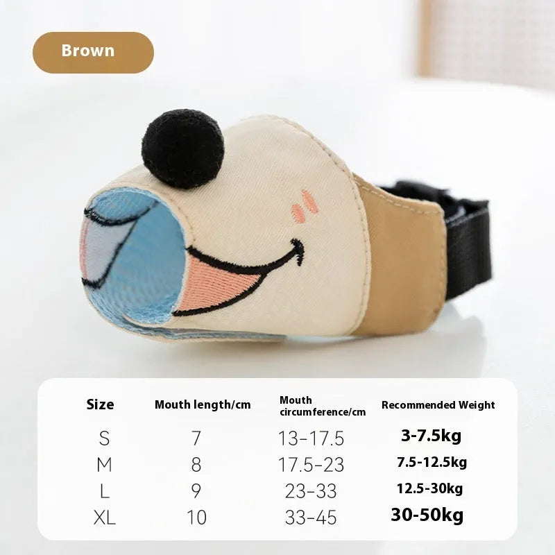 Canvas dog mouth cover muzzle shown in Ollie Brown Bear and Bondi Blue Shark designs, available in S M L XL sizes.