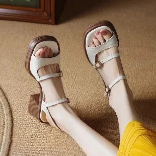 Women's open toe square toe retro platform sandals in milky white colour with rubber sole