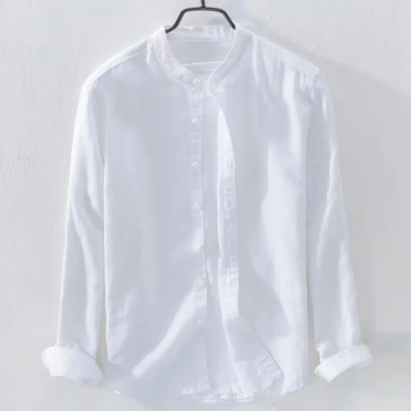 Men's loose casual long sleeve shirt in linen fabric, shown in a solid colour.