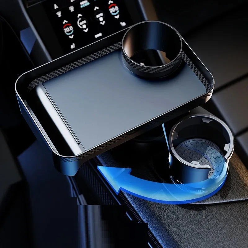 Black ABS plastic car-mounted 360-degree rotating dinner tray holder showing rotation mechanism