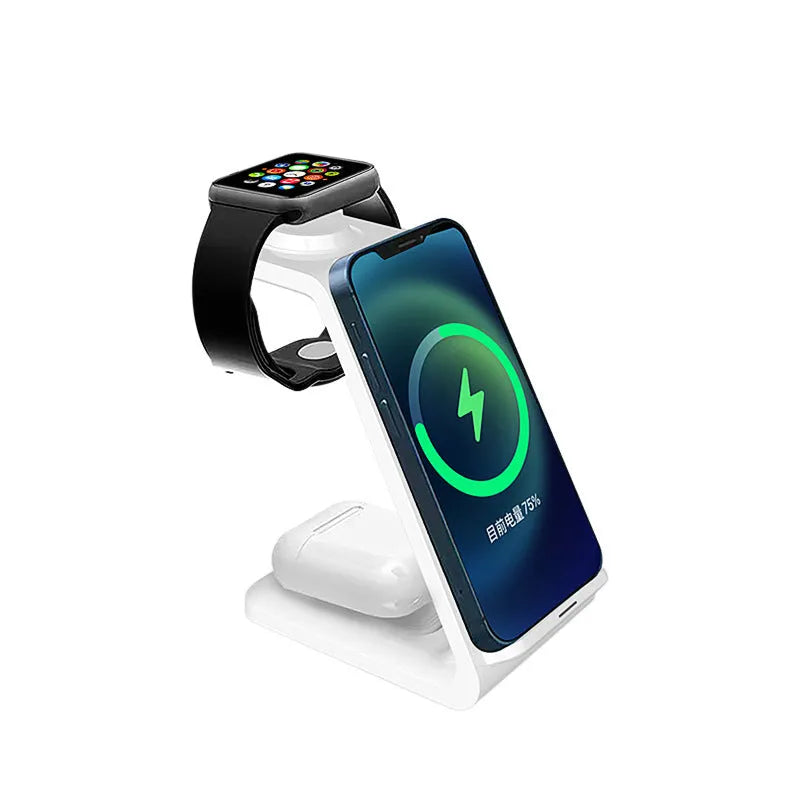 White upright wireless phone charger with dual-coil technology and QC3.0 support on a desk