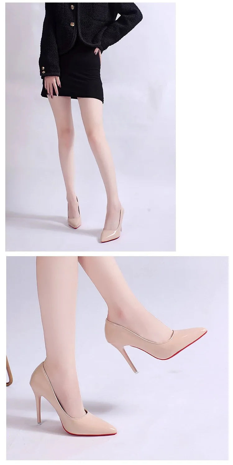 Women's solid colour pointed toe stiletto pump in black with a shallow mouth design