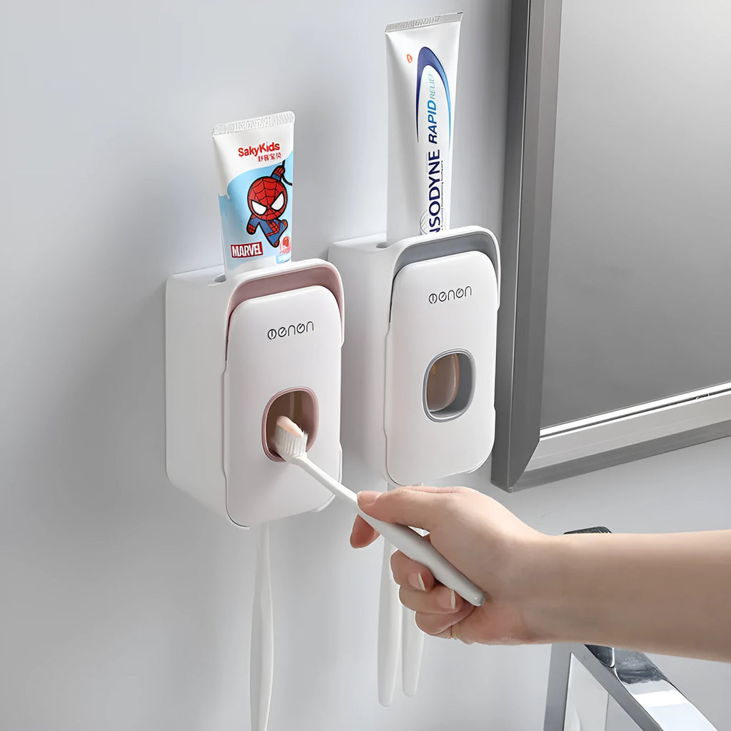 Automatic toothpaste dispenser in blue, grey or pink colours with sensor activation