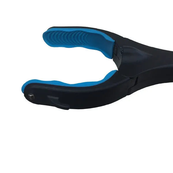 Blue foldable aluminium pickup trolley shown in folded position at 13cm wide.