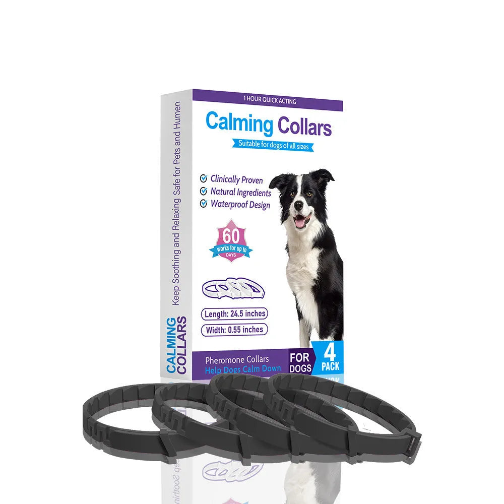 Four dog anxiety relief collars in different colours with Chinese-style patterns and adjustable clasps