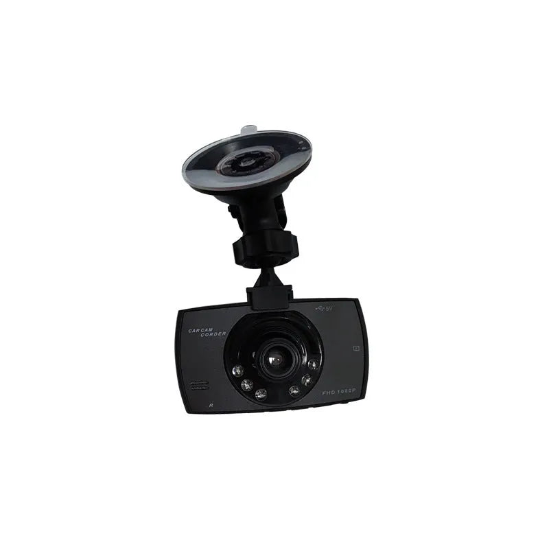 Compact black 1080P night vision dash camera with wide-angle lens mounted on car windscreen