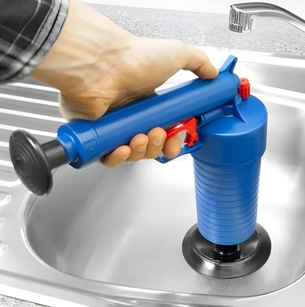 Plastic drain blaster gun with handle and four different-sized suction cup adapters for unblocking pipes.