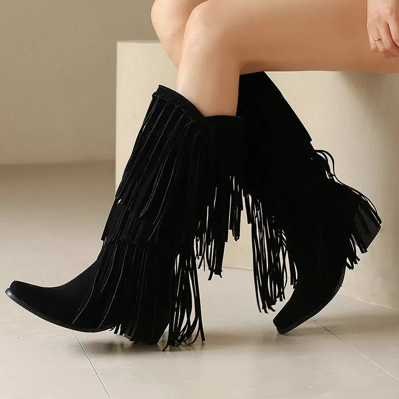 Women's beige suede mid-calf boots with a chunky heel, tassel detail, and square toe