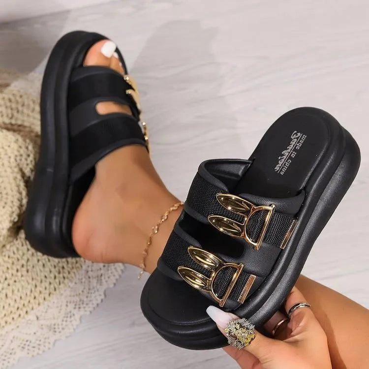 Women's suede slippers with thick rubber sole in apricot, black and off-white colours