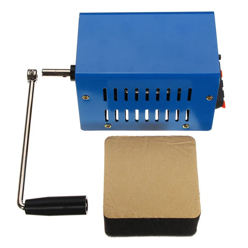 Blue metal hand crank USB emergency generator with dimensions 125x80x85mm