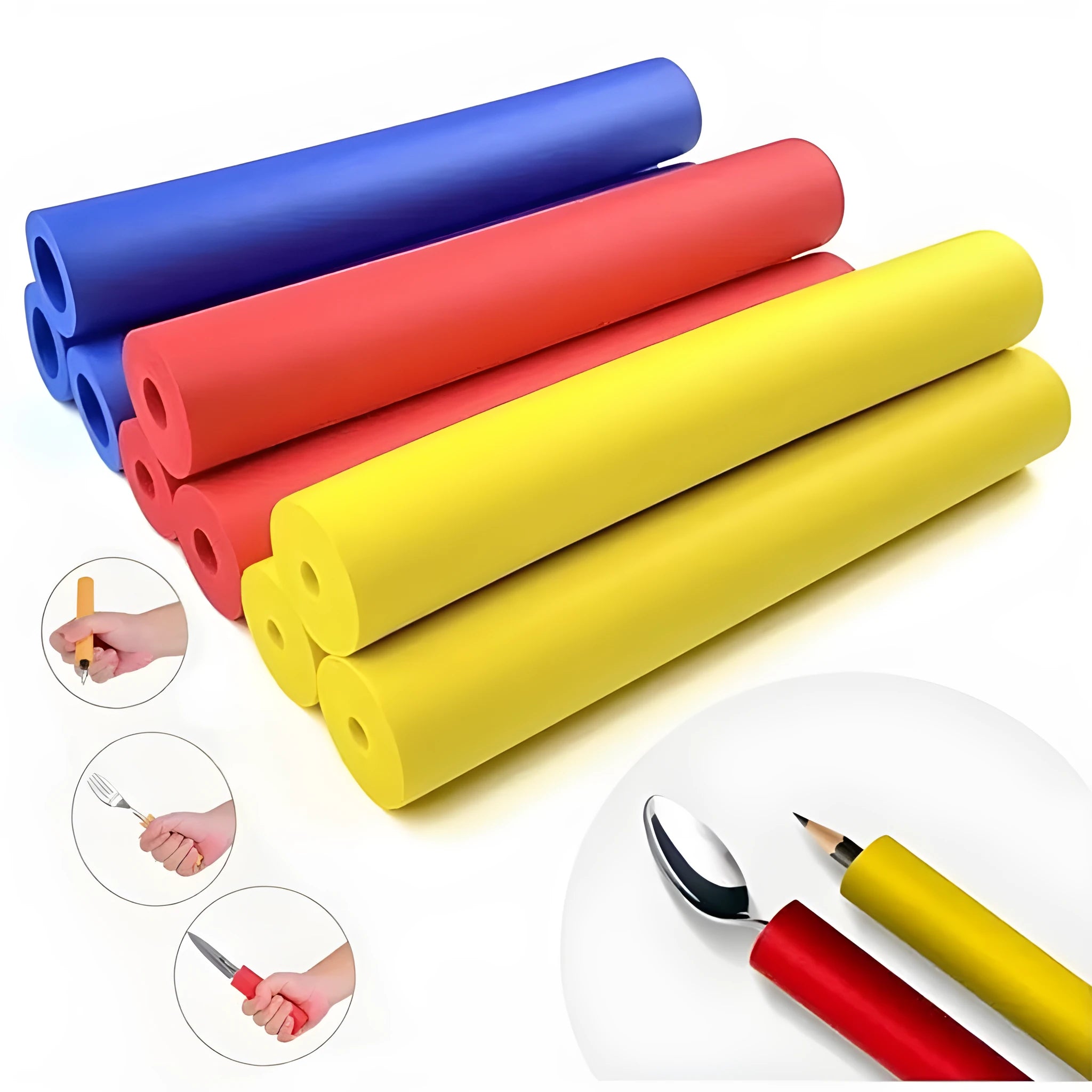 A pack of black rubber grip hoses for pens and utensils, showing inner diameters of 10mm and 18mm.