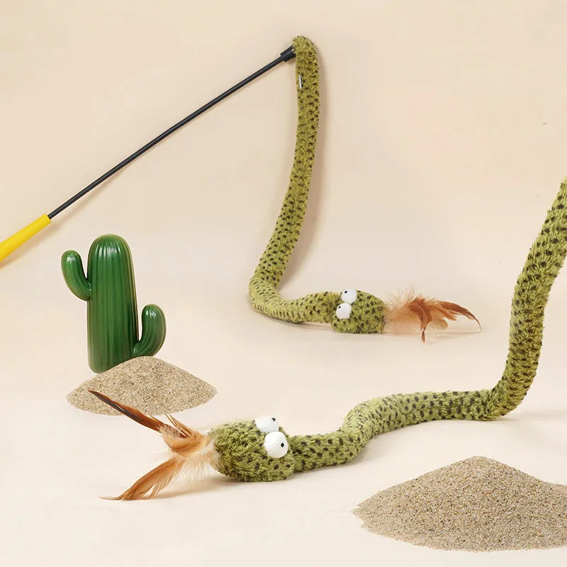 Green cat teasing stick with feather attachment on 140 cm pole for interactive feline play