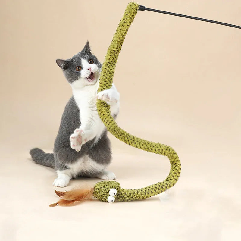 Green cat teasing stick with feather attachment on 140 cm pole for interactive feline play