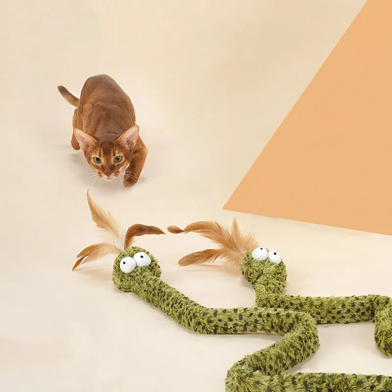 Green cat teasing stick with feather attachment on 140 cm pole for interactive feline play