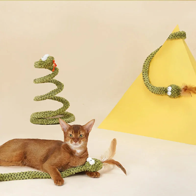 Green cat teasing stick with feather attachment on 140 cm pole for interactive feline play