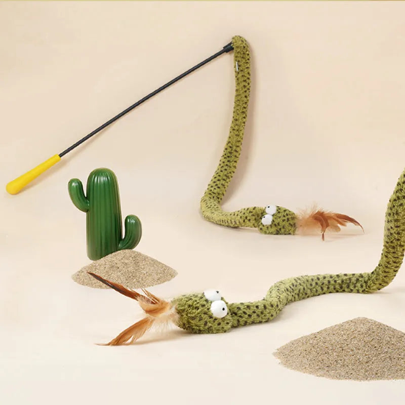 Green cat teasing stick with feather attachment on 140 cm pole for interactive feline play