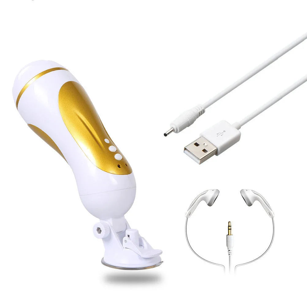 White electric silicone hands free male masturbator with USB rechargeable voice function