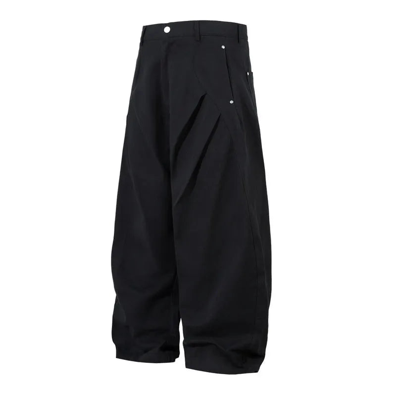 Men's black pleated machete casual trousers with wide-leg loose-fitting design