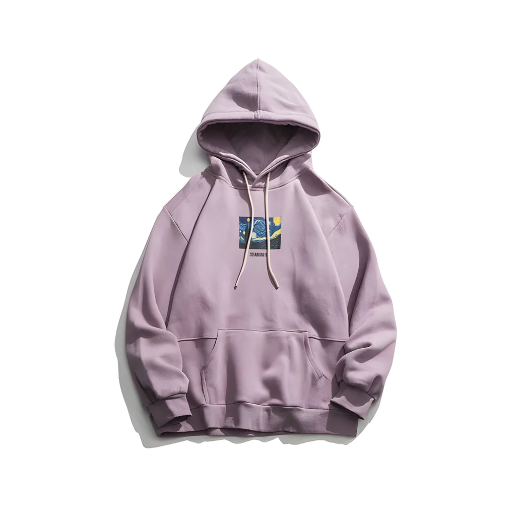 Purple men's long sleeve hooded sweatshirt made from 100% cotton with side slit pockets on display