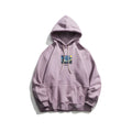 Purple men's long sleeve hooded sweatshirt made from 100% cotton with side slit pockets on display