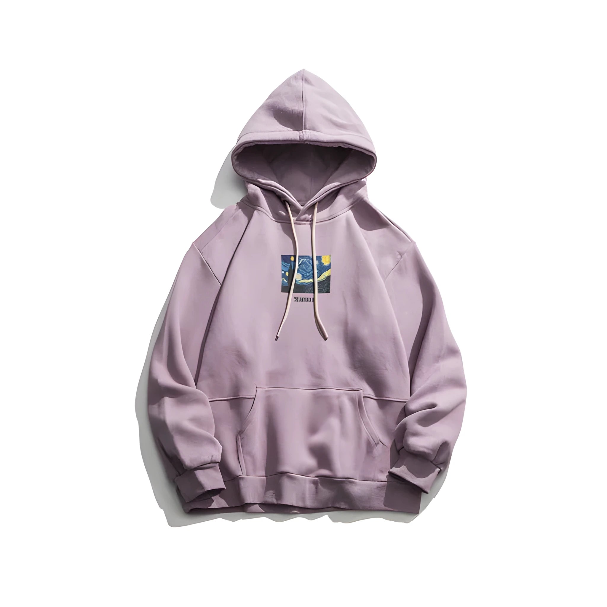 Purple men's long sleeve hooded sweatshirt made from 100% cotton with side slit pockets on display