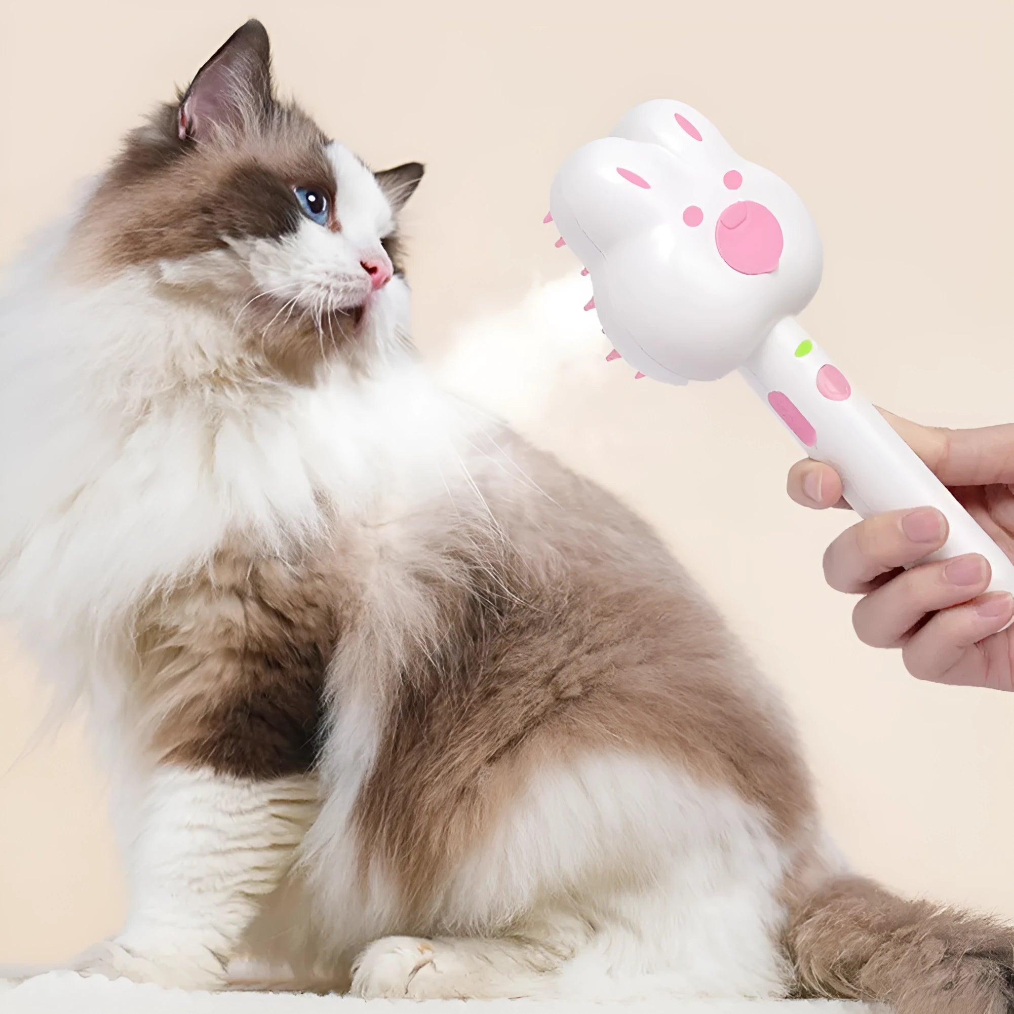 Cat steam brush grooming tool with cartoon design showing hot spray function and self-cleaning mode