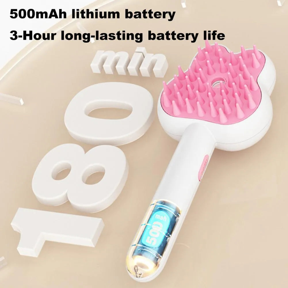 Cat steam brush grooming tool with cartoon design showing hot spray function and self-cleaning mode