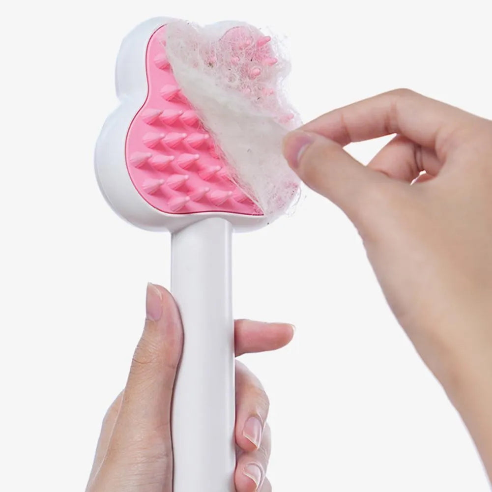 Cat steam brush grooming tool with cartoon design showing hot spray function and self-cleaning mode