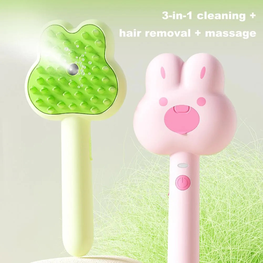 Cat steam brush grooming tool with cartoon design showing hot spray function and self-cleaning mode
