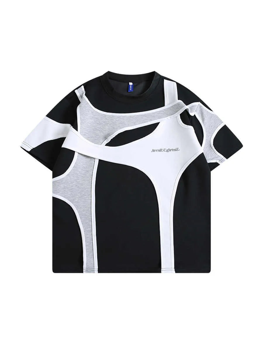 Men's black loose fit T-shirt with double stitching at padded shoulder strap, short sleeves, round neck collar
