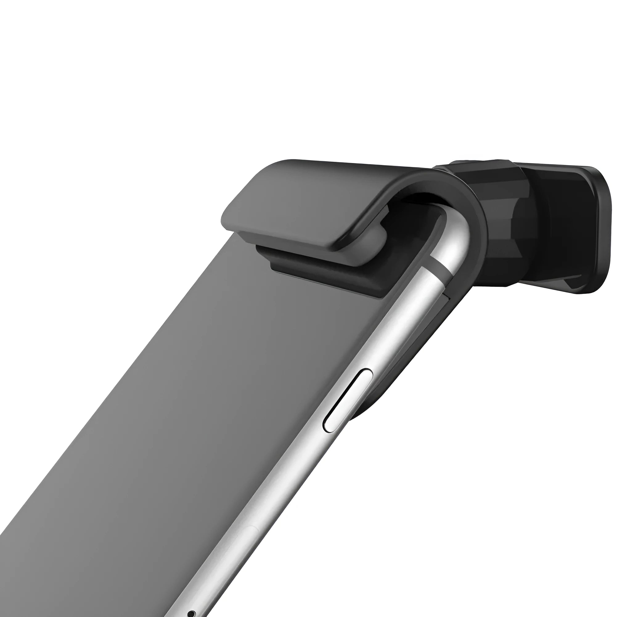 Black 360-degree rotating gravity car phone holder mounted on a car dashboard, holding a mobile phone.